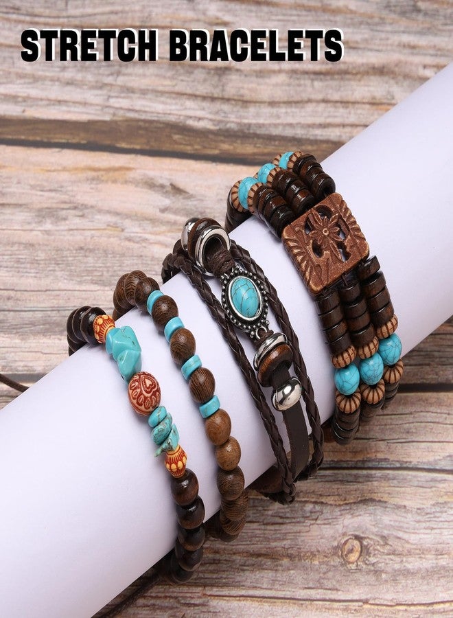 MILAKOO 4Pcs Vintage Bracelet Set Boho Punk Leather Wristband Wide Wooden Bracelet for Women Men - Image 2