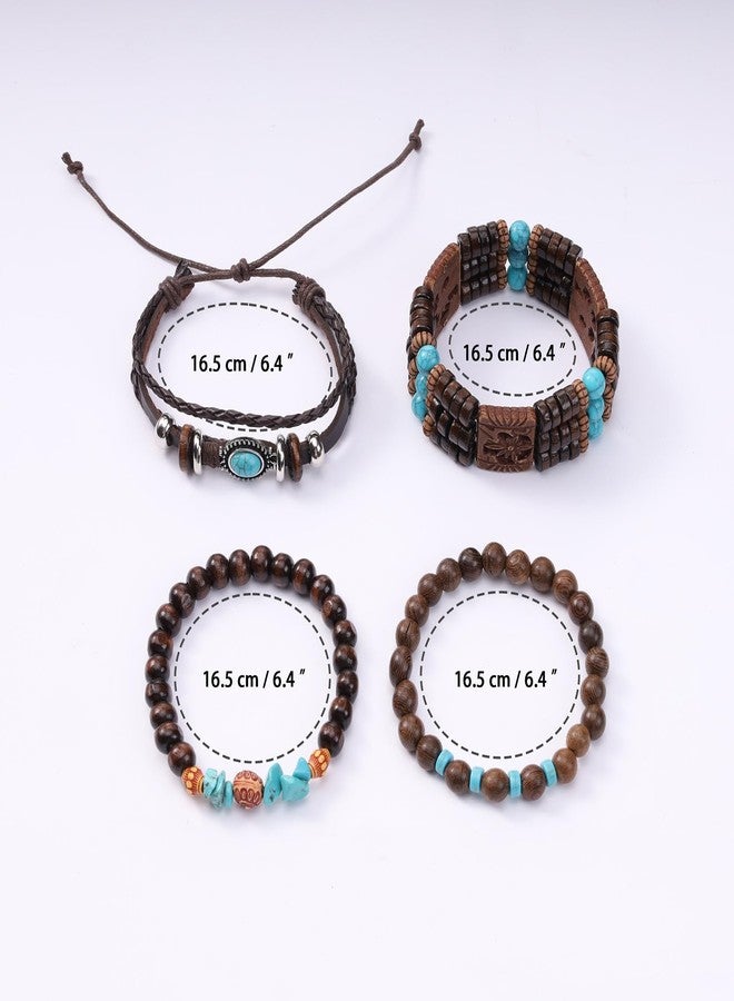 MILAKOO 4Pcs Vintage Bracelet Set Boho Punk Leather Wristband Wide Wooden Bracelet for Women Men - Image 4