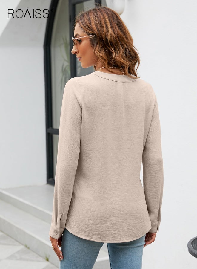 رويس بلوزات نسائية أنيقة غير رسمية، قمصان عمل بأكمام طويلة ورقبة على شكل حرف V، قمصان مطوية، ملابس خريفية، معالجة ضد الكي، لون سادة، بلوزة أنيقة، مشمشي - Image 5