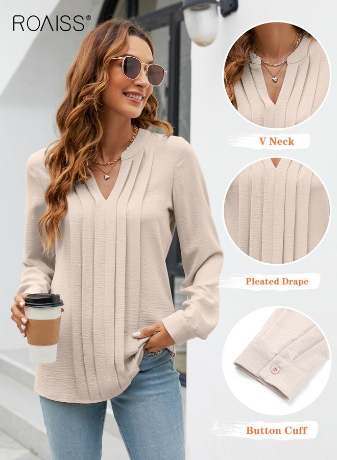 رويس بلوزات نسائية أنيقة غير رسمية، قمصان عمل بأكمام طويلة ورقبة على شكل حرف V، قمصان مطوية، ملابس خريفية، معالجة ضد الكي، لون سادة، بلوزة أنيقة، مشمشي - Image 2