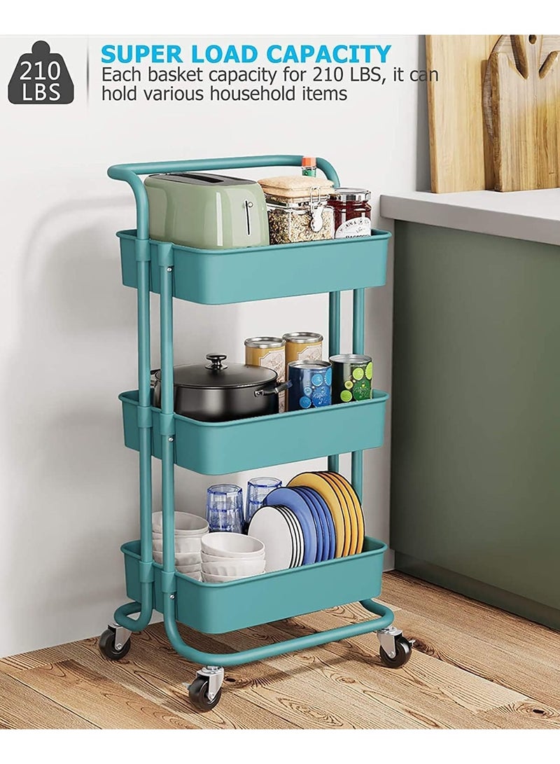DubaiGallery Rolling Utility Cart 3-Tier Kitchen Metal Trolley Movable Storage Cart with Lockable Wheel and Handle Multifunction Heavy Duty Organizer  - Image 3