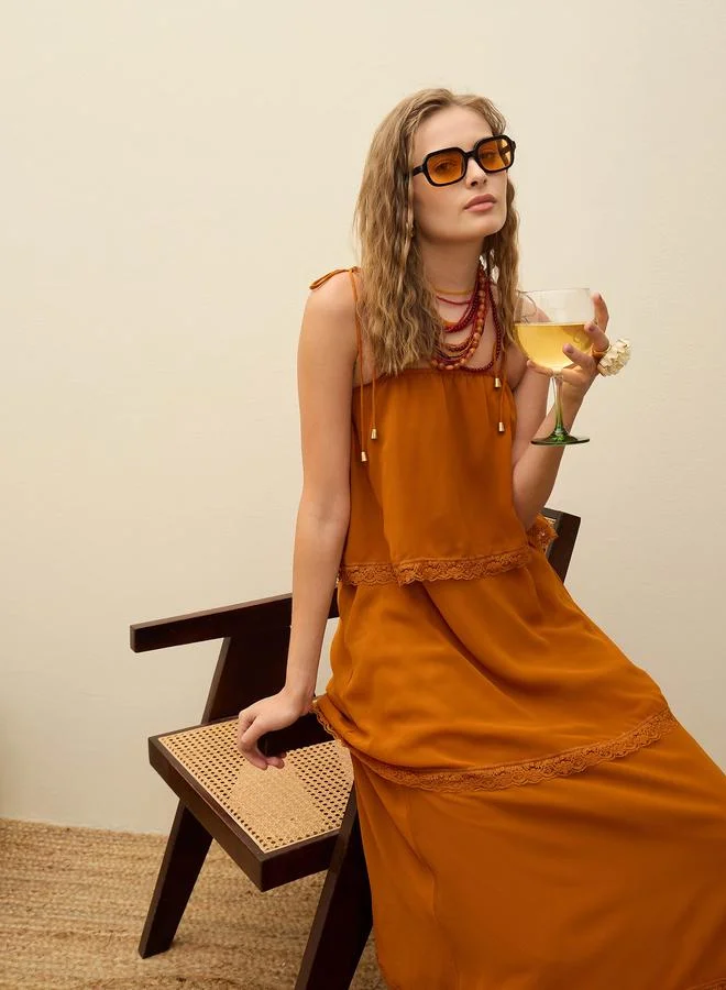 ساسافراس Sassafras Brown Lace Detail Strappy Tiered Maxi Dress