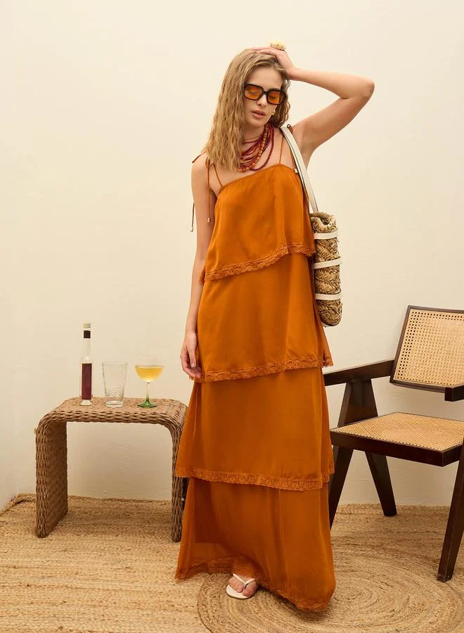 ساسافراس Sassafras Brown Lace Detail Strappy Tiered Maxi Dress