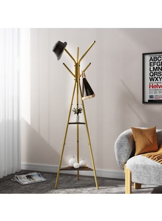Arabest Coat Rack Stand, Standing Coat Rack, Hall Tree Freestanding Easy Assembly, Metal Hat Hanger for Entryway, Hallway, Bedroom, Office with 2 Shelves - -Gold - Image 2