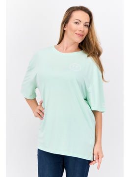 Women Round Neck Short Sleeve Brand Logo T-Shirt, Mint Green