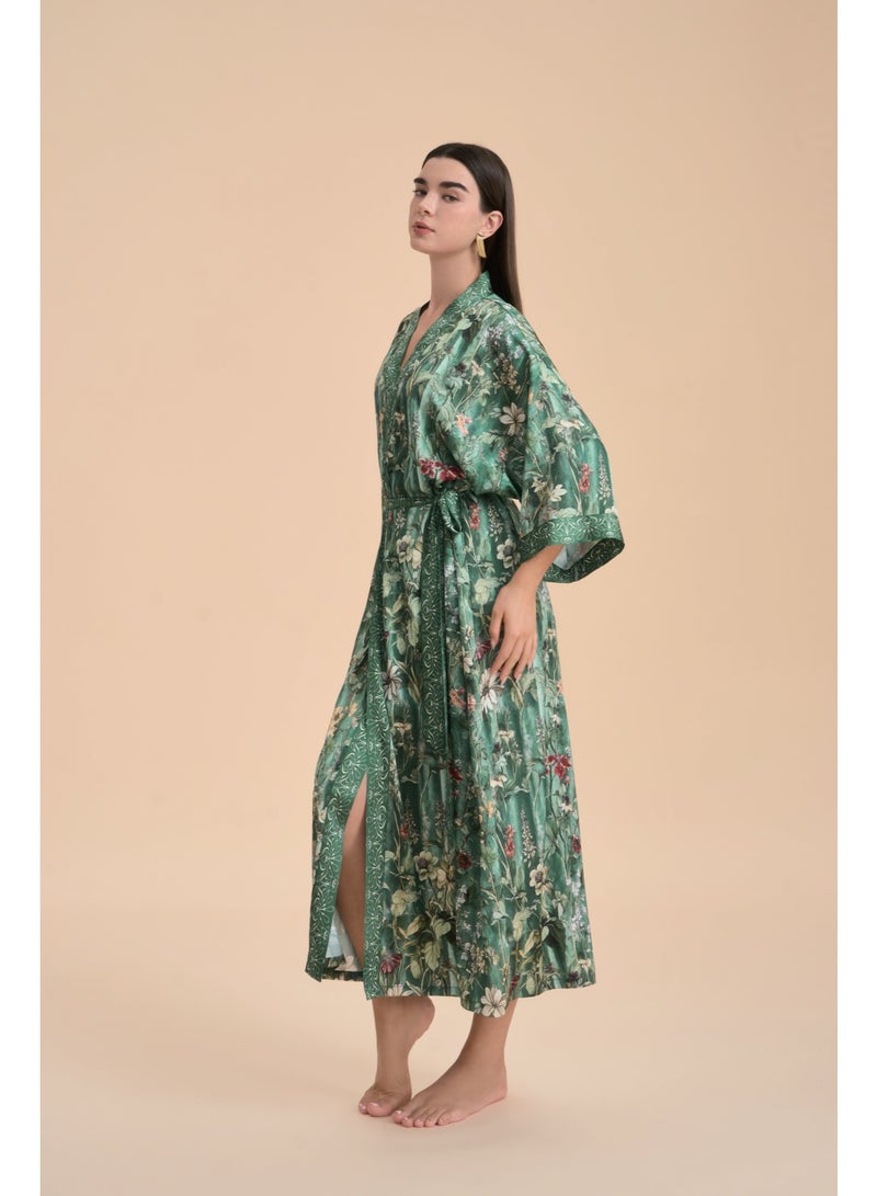 Closme Women's Luxury Green Botanical Floral Print Satin Kimono Robe, Boho Maxi Kaftan with Belt, Silky Loungewear Beach Cover Up, Modest Resort Wear for Bridal, Sleepwear - Image 1