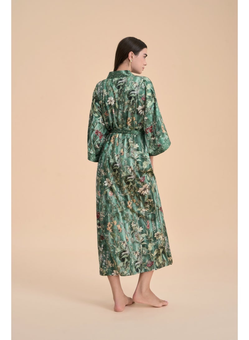 Closme Women's Luxury Green Botanical Floral Print Satin Kimono Robe, Boho Maxi Kaftan with Belt, Silky Loungewear Beach Cover Up, Modest Resort Wear for Bridal, Sleepwear - Image 2