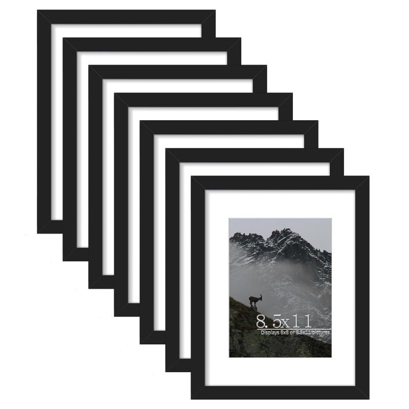 Picrit 8.5x11 Picture Frame Set of 7  Display 6x8 with Mat or 8.5x11 Without Mat  Photo Frames for Wall Mounting or Table Top Display  Black. - Image 1