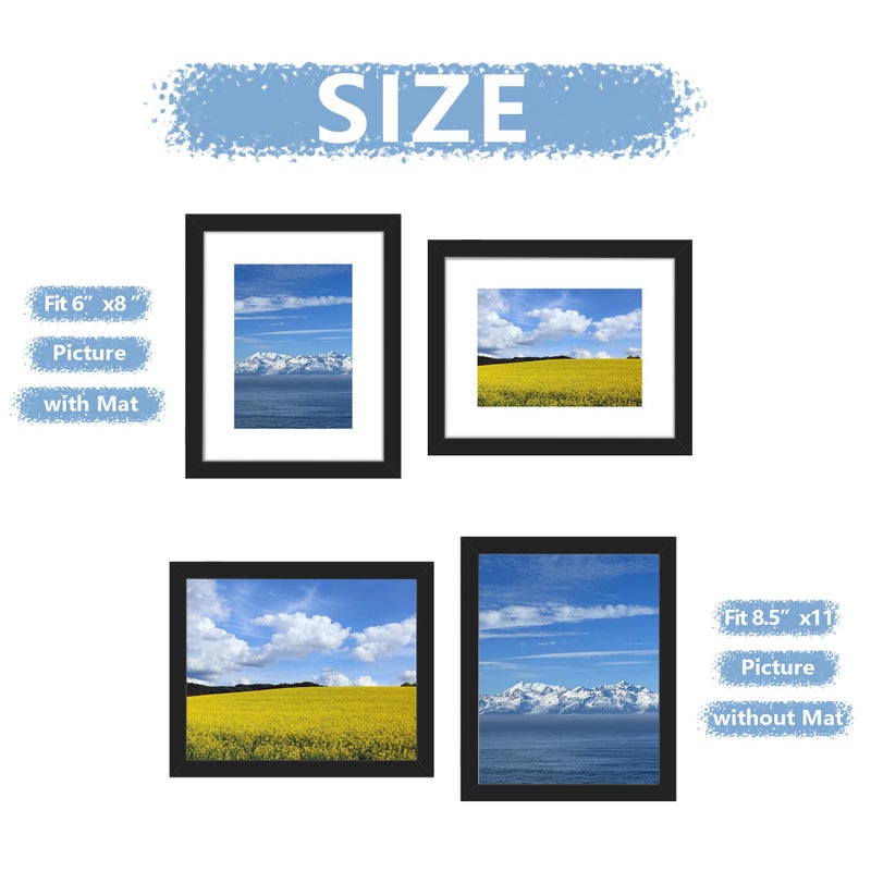Picrit 8.5x11 Picture Frame Set of 7  Display 6x8 with Mat or 8.5x11 Without Mat  Photo Frames for Wall Mounting or Table Top Display  Black. - Image 2