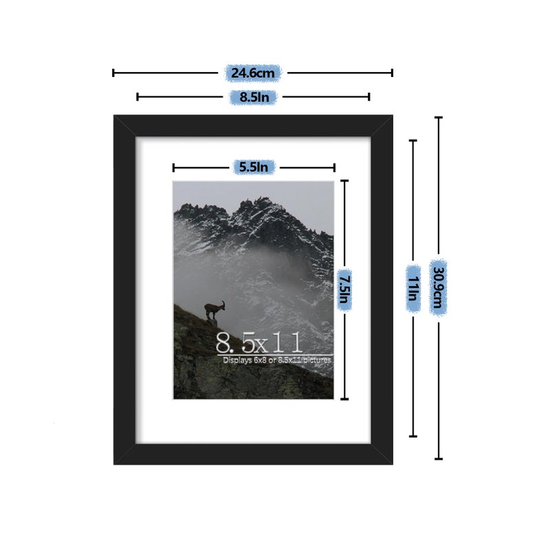 Picrit 8.5x11 Picture Frame Set of 7  Display 6x8 with Mat or 8.5x11 Without Mat  Photo Frames for Wall Mounting or Table Top Display  Black. - Image 5