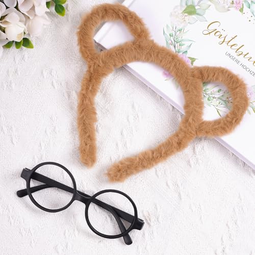 Yolyoo 3pcs Chipmunk Ears Headband Chipmunk Headband Accessory and 1 Black Round Glasses Frame for Cosplay Animal Halloween Party (Brown) - Image 4