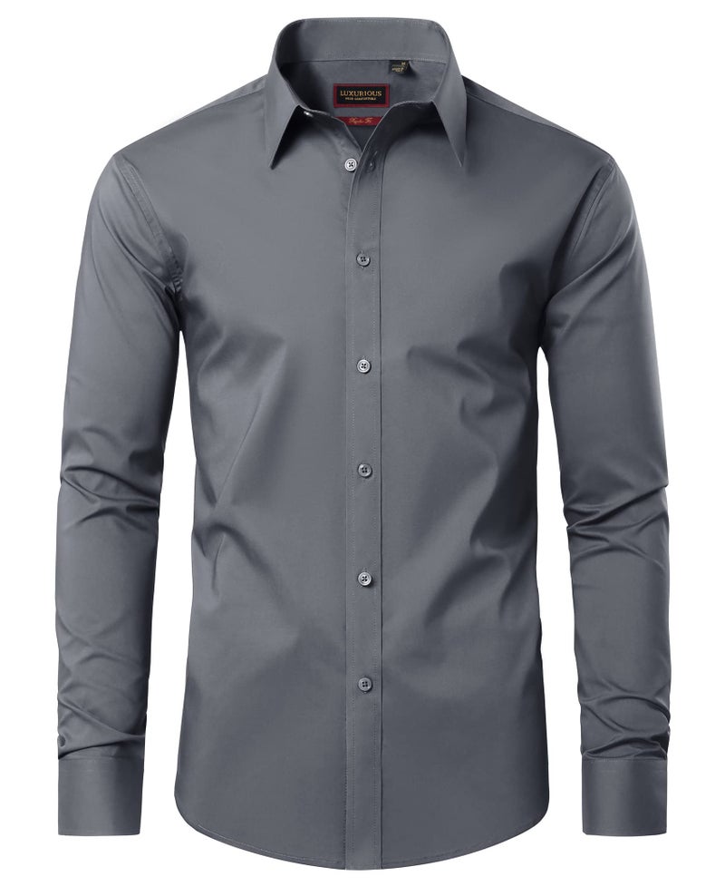 Lion Nardo Cotton Mens Dress Shirts Long Sleeve Big and Tall Dress Shirts for Men Wrinkle Free Button Down Shirts Regular Fit Dark Grey - Image 1