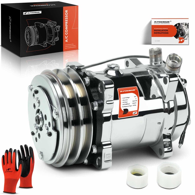 APremium Fit for Sanden 508 2PK Style Universal AC Compressor with Clutch 2 Groove VBelt Chrome Plated Aluminum Housing
