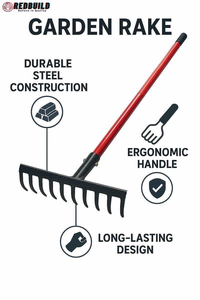 RedBuild Garden Rake with Long Handle (10 Tines ( Medium )) - Image 3