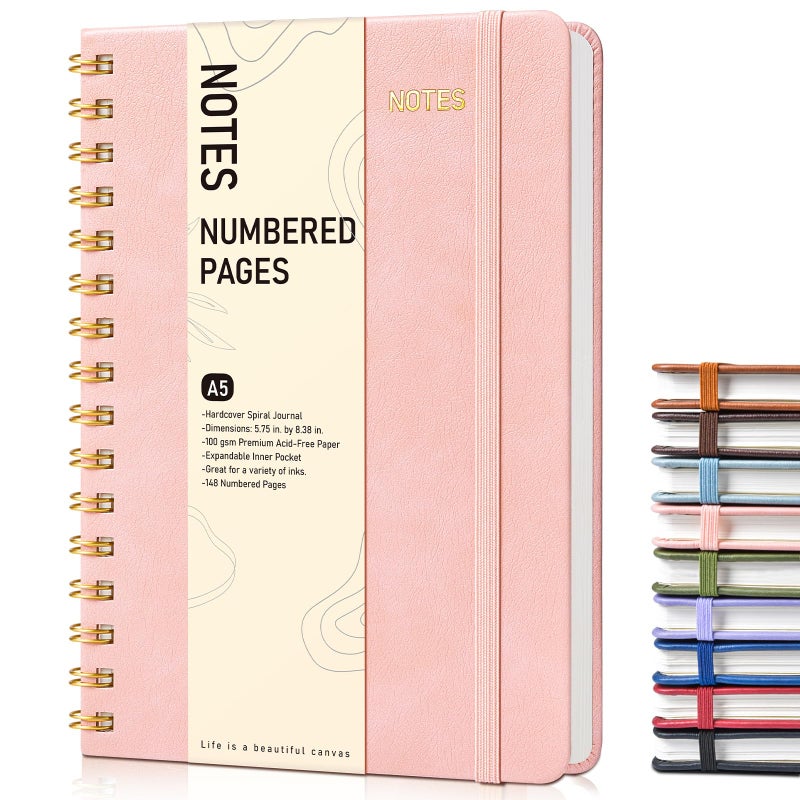 PAPEJOON Lined Spiral Journal Notebook for Women, A5 Hardcover Notebooks for Work, 150 Numbered Pages Pink Notebook, 100GSM College Ruled Journals for Writing, Note Taking, 5.75" x 8.38" - Image 1