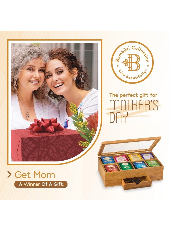 Bambüsi Bamboo Tea Bag Organizer Storage Box with Drawer & Acrylic Window - Magnetic Lid Keeps Contents Fresh - Ideal Mothers Day Gifts for Mom - Gift Caddy (Tea Not Included) - Image 2