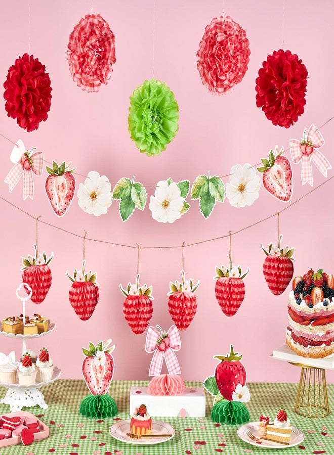 Homarkable Strawberry First Birthday Decorations for Girls, with Banner, Pom Poms, Centerpieces, and Confetti, Strawberry Theme Party Supplies for Baby’s 1st Birthday - Image 4