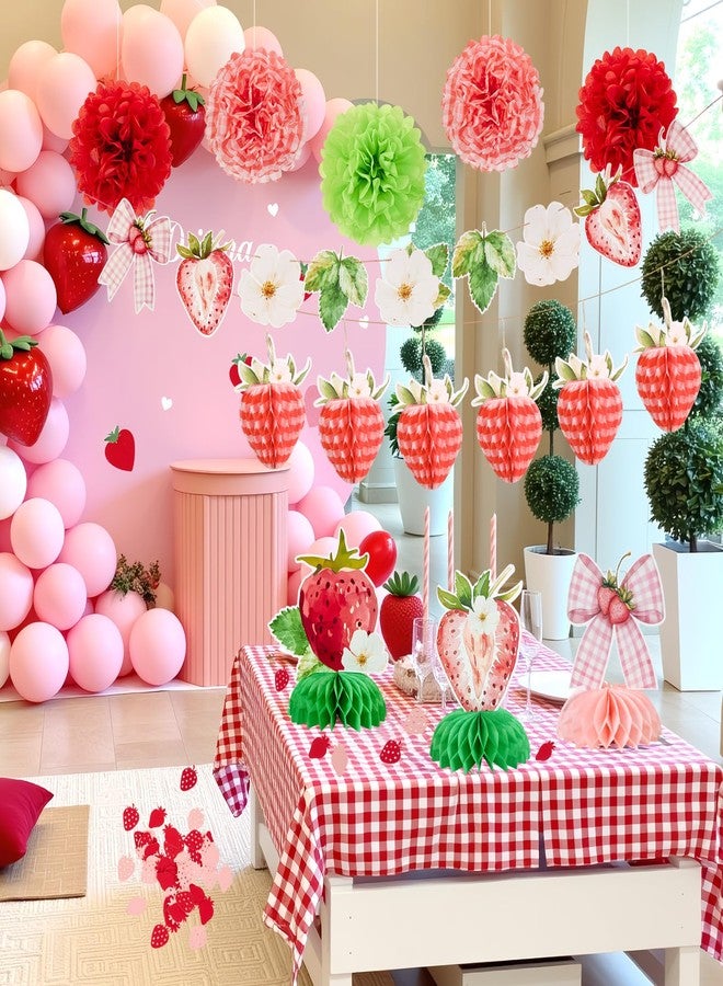 Homarkable Strawberry First Birthday Decorations for Girls, with Banner, Pom Poms, Centerpieces, and Confetti, Strawberry Theme Party Supplies for Baby’s 1st Birthday - Image 5