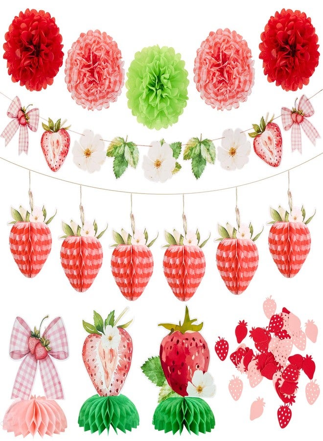 Homarkable Strawberry First Birthday Decorations for Girls, with Banner, Pom Poms, Centerpieces, and Confetti, Strawberry Theme Party Supplies for Baby’s 1st Birthday - Image 1