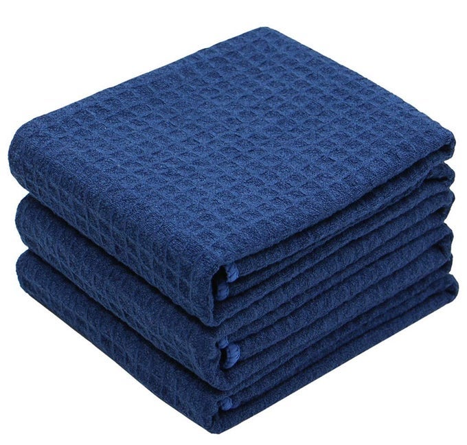 WAFFLE WEAVE KITCHEN TOWELS THICK MICROFIBER ABSORBENT TEA DISH DRYING TOWELS LINT FREE 16INCH X 24INCH 3 PACK NAVY BLUE