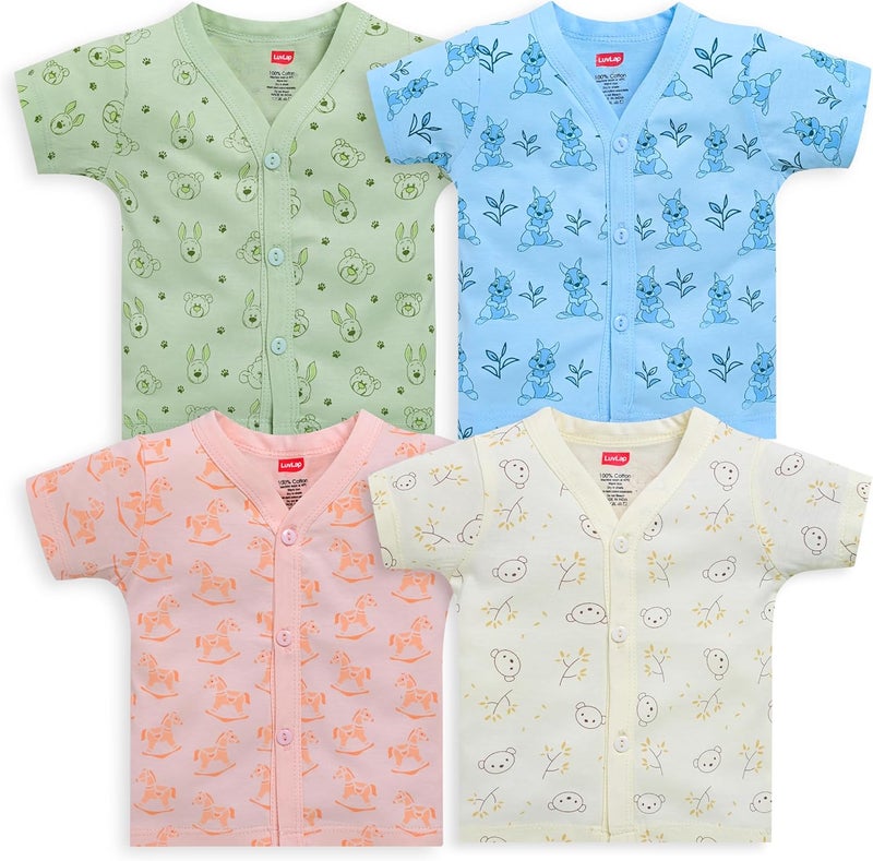 LuvLap Baby Boys & Girls Pack of 4 Half Sleeve Jhabla - 100% Cotton, Multicolor, Size M (3 to 6 Months) - Image 1