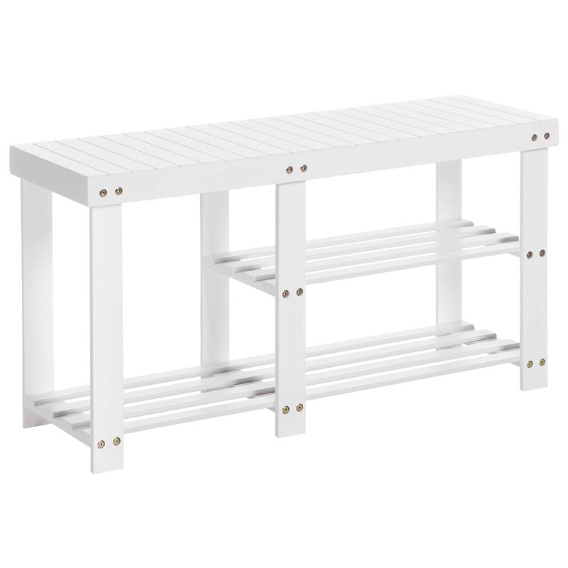 SONGMICS SONGMICS Bamboo Shoe Bench Shoe Rack for Boots Entryway Storage Organizer 3Tier Shoe Shelf for Hallway Bathroom Living Room Corridor White ULBS006W01 112 x 338 x 178 Inches 