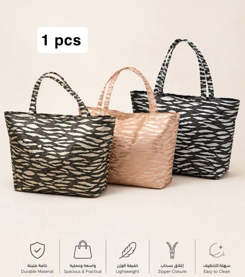 gold Wavy-patterned canvas tote bag with a sea pool beach design – spacious, lightweight, with a zipper, suitable for university, work, and travel - Image 1