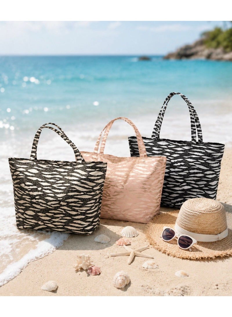 gold Wavy-patterned canvas tote bag with a sea pool beach design – spacious, lightweight, with a zipper, suitable for university, work, and travel - Image 3