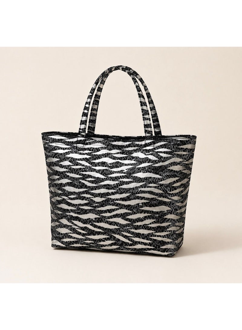 gold Wavy-patterned canvas tote bag with a sea pool beach design – spacious, lightweight, with a zipper, suitable for university, work, and travel - Image 5