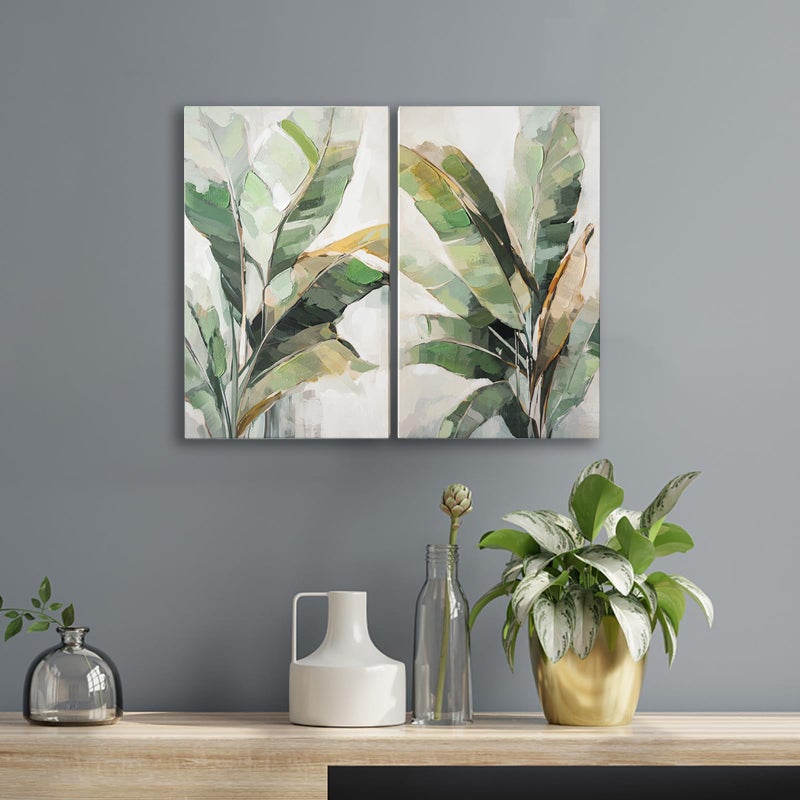 JolyWell Botanical Wall Art Set Hand Painted, for Living Room plant wall art,Green Tropical Plant Leaf Wall Decor, Modern Banana Leaf Wall Painting, for Bedroom, Dining Room, Office - 12x20 Inch 2pack - Image 4