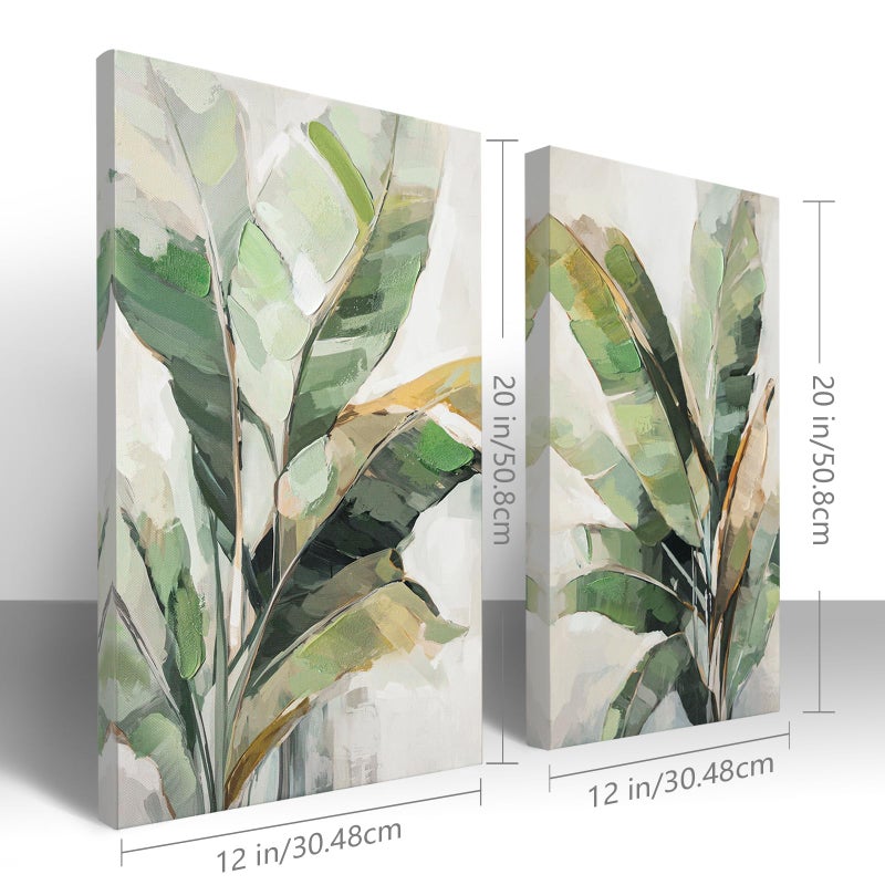JolyWell Botanical Wall Art Set Hand Painted, for Living Room plant wall art,Green Tropical Plant Leaf Wall Decor, Modern Banana Leaf Wall Painting, for Bedroom, Dining Room, Office - 12x20 Inch 2pack - Image 3