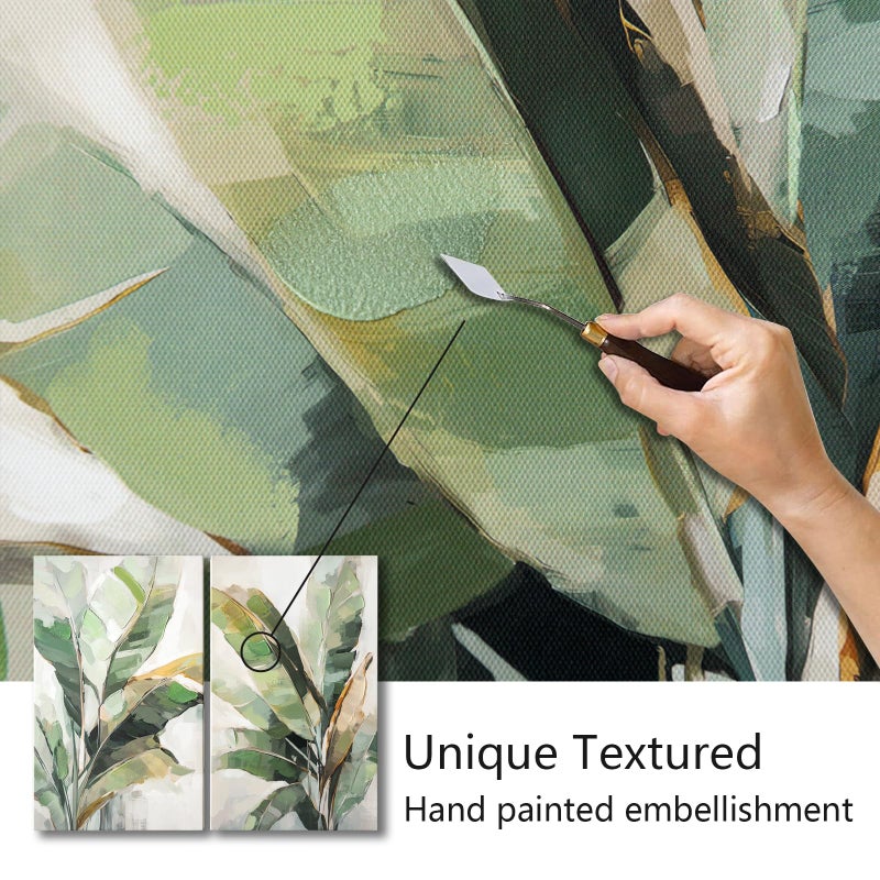 JolyWell Botanical Wall Art Set Hand Painted, for Living Room plant wall art,Green Tropical Plant Leaf Wall Decor, Modern Banana Leaf Wall Painting, for Bedroom, Dining Room, Office - 12x20 Inch 2pack - Image 2