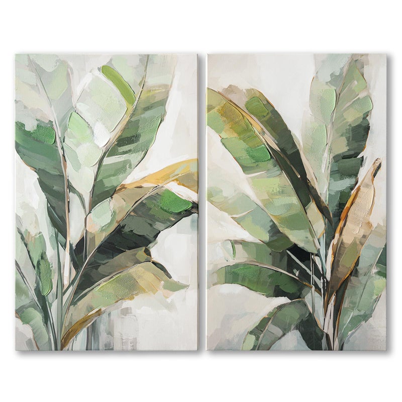 JolyWell Botanical Wall Art Set Hand Painted, for Living Room plant wall art,Green Tropical Plant Leaf Wall Decor, Modern Banana Leaf Wall Painting, for Bedroom, Dining Room, Office - 12x20 Inch 2pack - Image 1