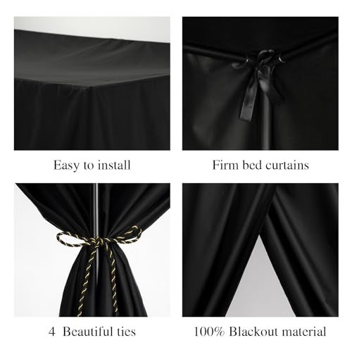 YRDKB Black Canopy Bed Curtains - 4 Corner Post Bed Curtains Twin Lightproof Siamesed Drapes Bed Canopy for Adults & Girls Bedroom Decoration(Black,Twin) - Image 3