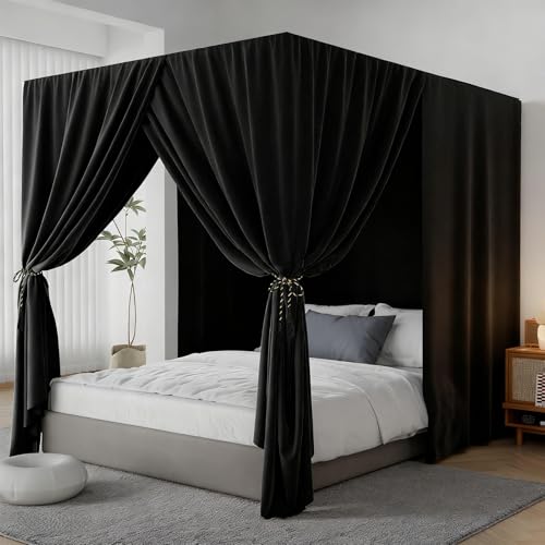 YRDKB Black Canopy Bed Curtains - 4 Corner Post Bed Curtains Twin Lightproof Siamesed Drapes Bed Canopy for Adults & Girls Bedroom Decoration(Black,Twin) - Image 1