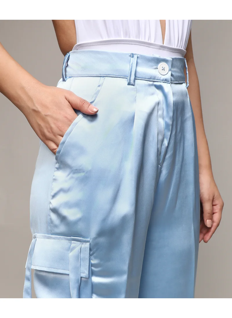 Campus Sutra Women's Powder Blue Satin Cargo Trousers