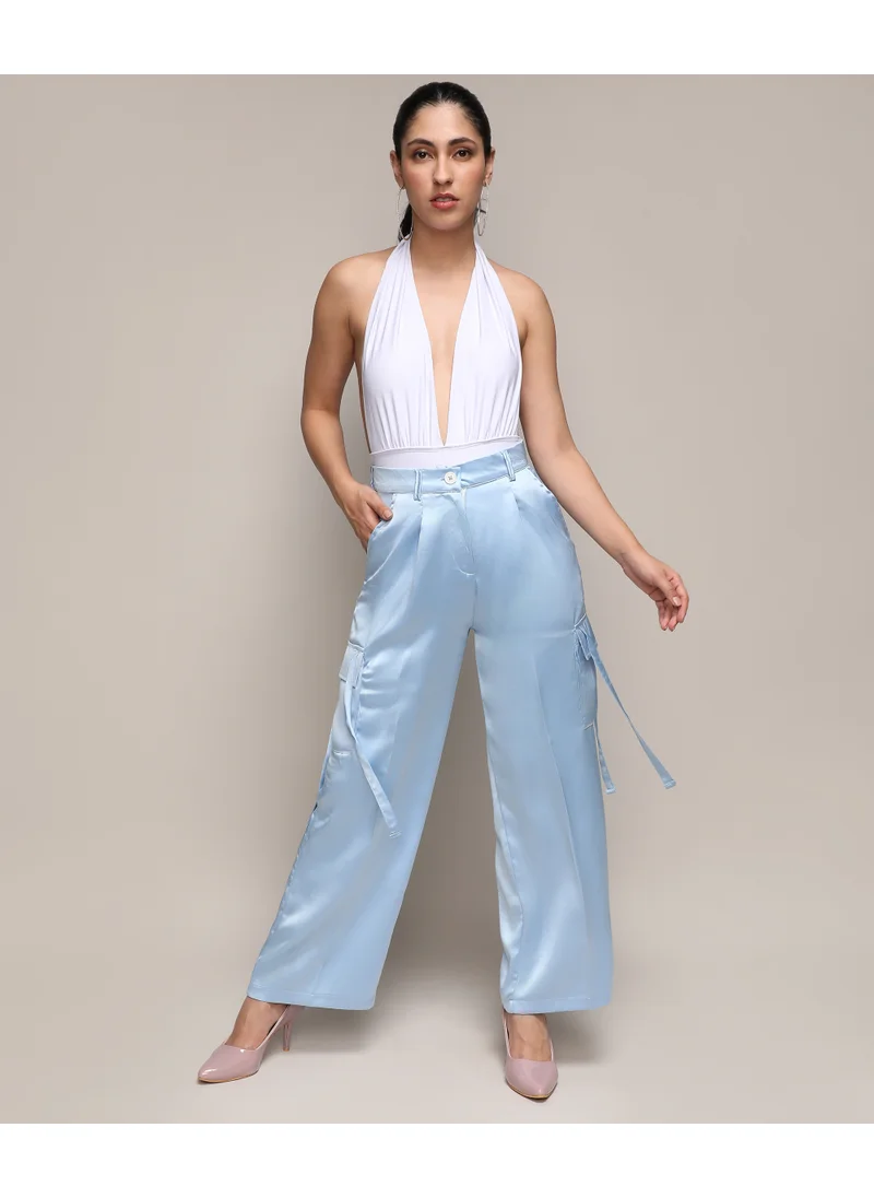 Campus Sutra Women's Powder Blue Satin Cargo Trousers