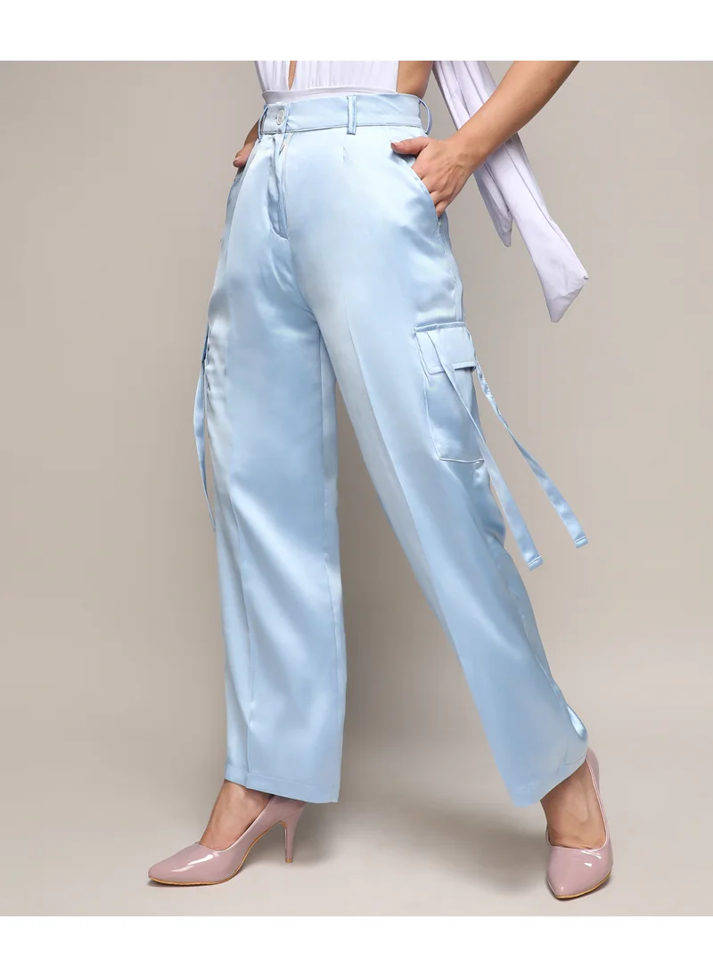 Campus Sutra Women's Powder Blue Satin Cargo Trousers