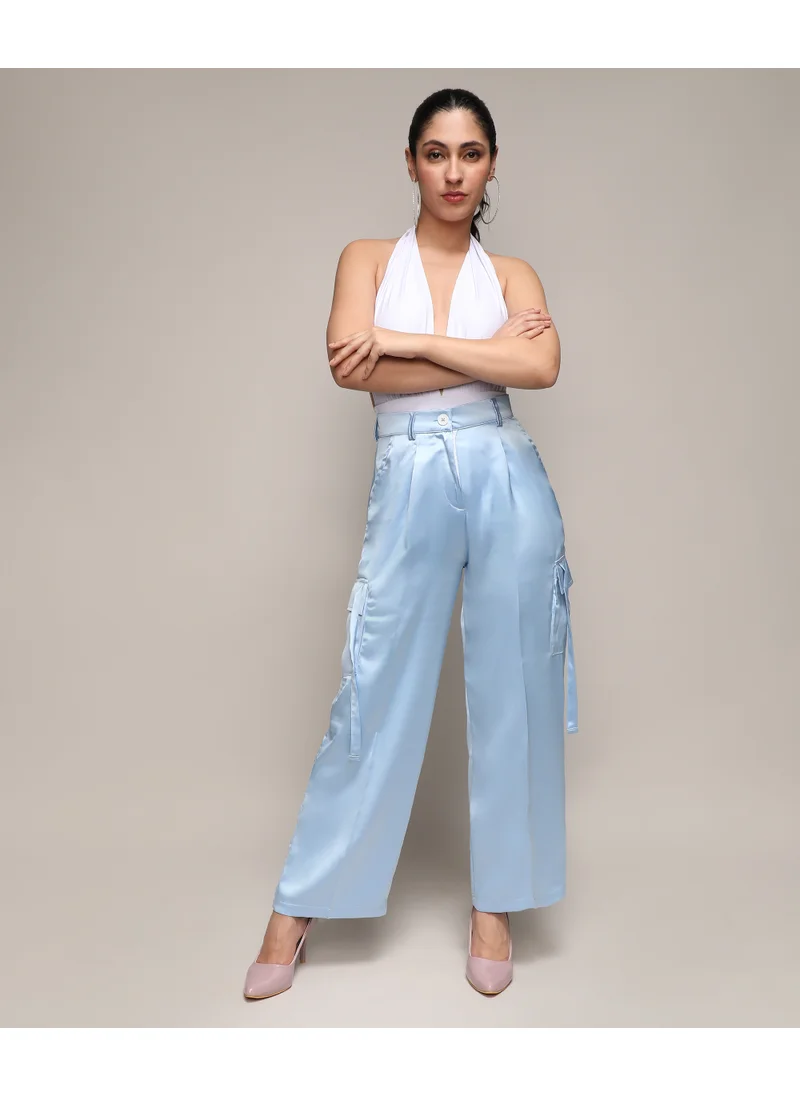 Campus Sutra Women's Powder Blue Satin Cargo Trousers