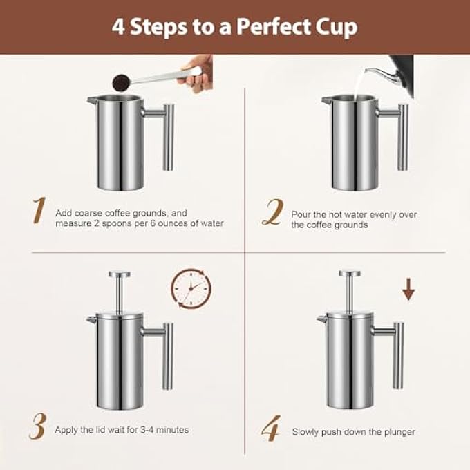 BIGTHREE Coffee Press Small Cafetiere French Press Stainless Steel DoubleWall Metal Insulated With 3 Level Filtration System With 3 Extra Filter Screens 1 Cup - Image 3