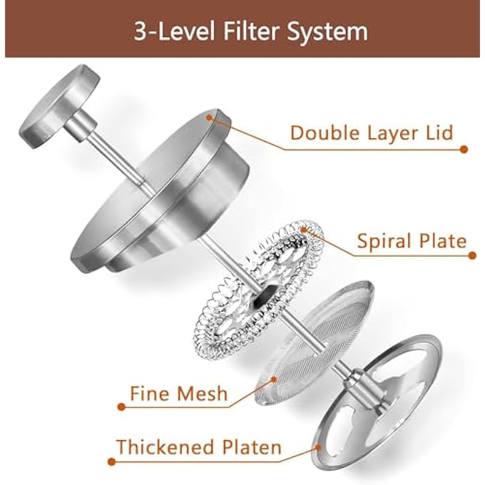 BIGTHREE Coffee Press Small Cafetiere French Press Stainless Steel DoubleWall Metal Insulated With 3 Level Filtration System With 3 Extra Filter Screens 1 Cup - Image 4