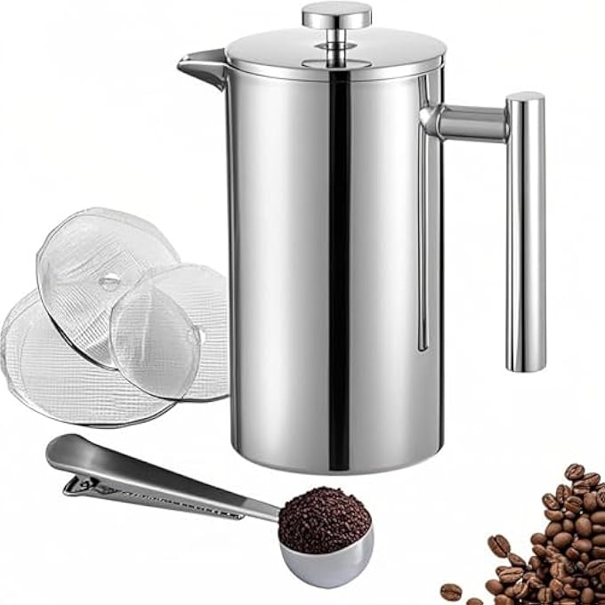 BIGTHREE Coffee Press Small Cafetiere French Press Stainless Steel DoubleWall Metal Insulated With 3 Level Filtration System With 3 Extra Filter Screens 1 Cup - Image 1