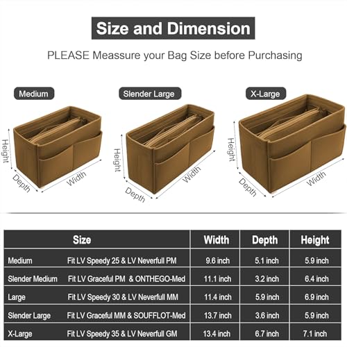 OMYSTYLE Brown Large Organizer Insert, Felt Tote Bag Organizer Insert with 5 Sizes, Handbag Dividers for Inside Purse, Compatible with Longchamp, Neverful, Speedy and More - Image 2