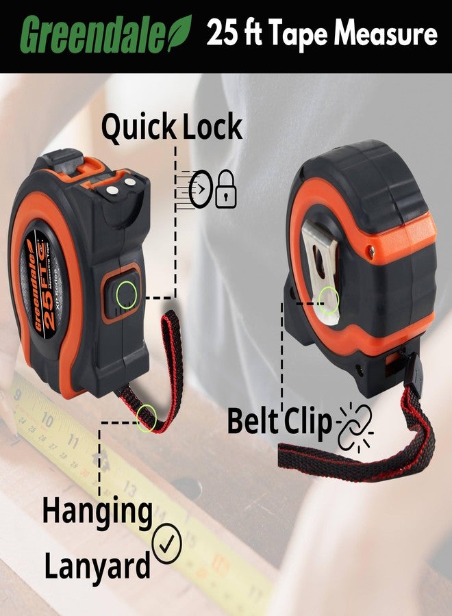 Greendale - 25 ft Tape Measures - Easy to Read Fractions to 1/8th inch - Magnetic Tip - Thumb and Quick Lock - Autowind - Belt Clip - Red/Orange (1, 25ft - Orange-Red) - Image 3