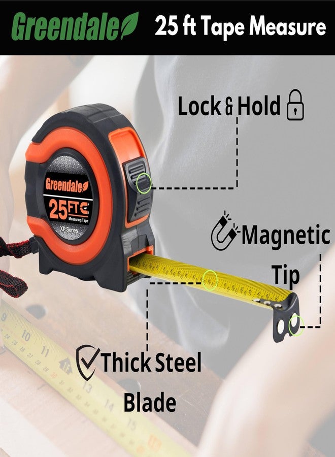 Greendale - 25 ft Tape Measures - Easy to Read Fractions to 1/8th inch - Magnetic Tip - Thumb and Quick Lock - Autowind - Belt Clip - Red/Orange (1, 25ft - Orange-Red) - Image 4