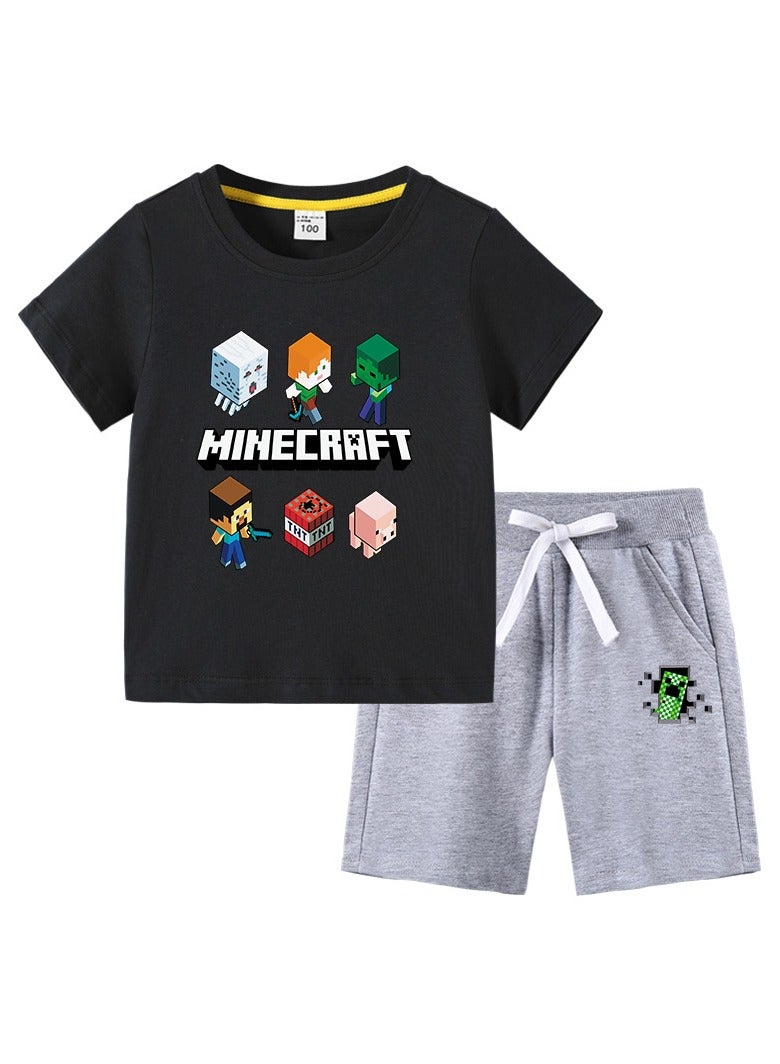 general Minecraft T-shirt children's ins-style cotton kids size short sleeve mid pants two-piece set - Image 1