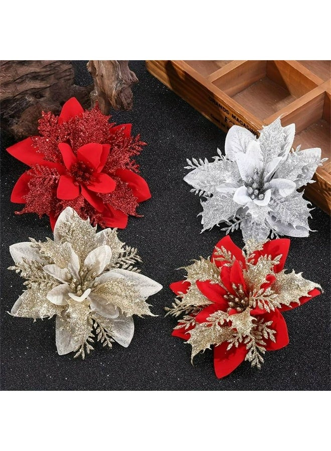 Kandid 6 قطع زهور الكريسماس المتلألئة متعددة الألوان زينة شجرة الكريسماس ديكور منزلي خارجي زهور صناعية 13.97 سم (أحمر وذهبي) - Image 3