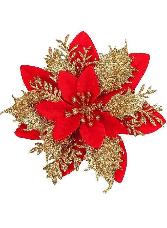 Kandid 6 قطع زهور الكريسماس المتلألئة متعددة الألوان زينة شجرة الكريسماس ديكور منزلي خارجي زهور صناعية 13.97 سم (أحمر وذهبي) - Image 1