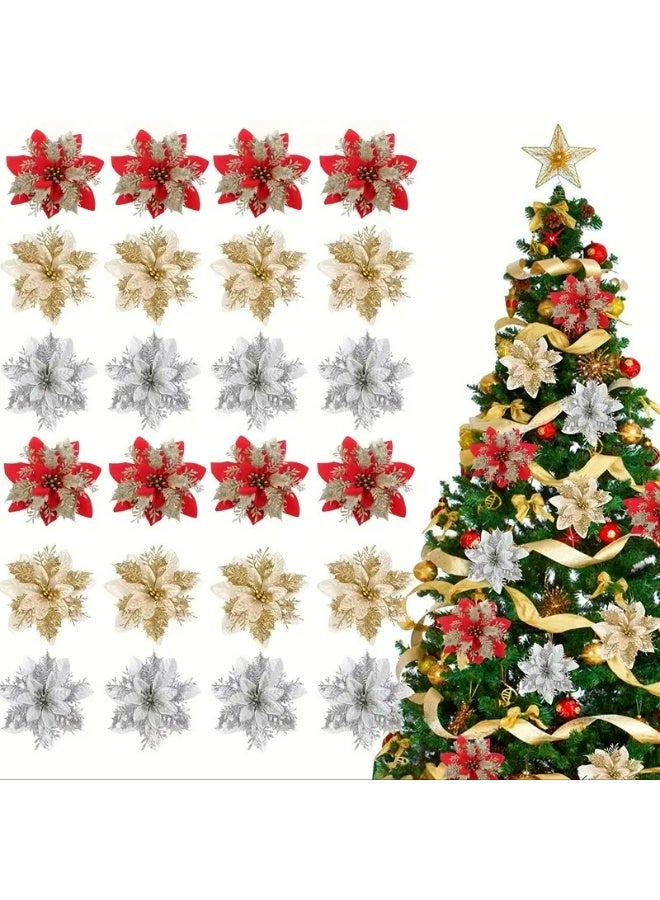 Kandid 6 قطع زهور الكريسماس المتلألئة متعددة الألوان زينة شجرة الكريسماس ديكور منزلي خارجي زهور صناعية 13.97 سم (أحمر وذهبي) - Image 4