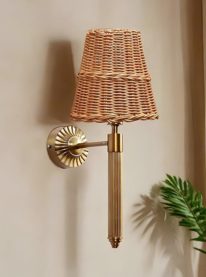 ANTIQUE BRASS FINISH WALL LAMPS FOR LIVING ROOMS WITH BAMBOO SHADE | RATTAN AND CANE WALL LAMPS FOR BEDROOM | WICKER WALL LIGHTS - HIRAL